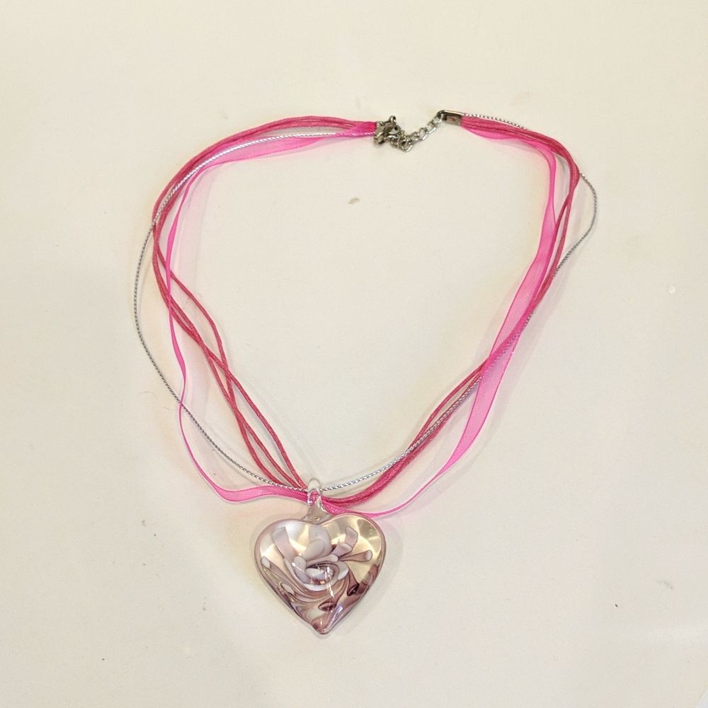 Women's Pink Silver Necklace with Heart Flower Resin Charm